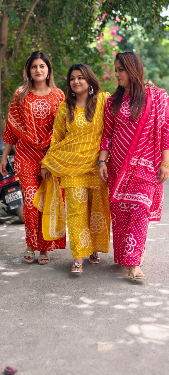 Floral Yoke Bandhej With Leheriya Print Short Length Kurta Full Suit Set With Loose Bottom & Dupatta In Cotton Fabric- 15833 (Lean Fit)