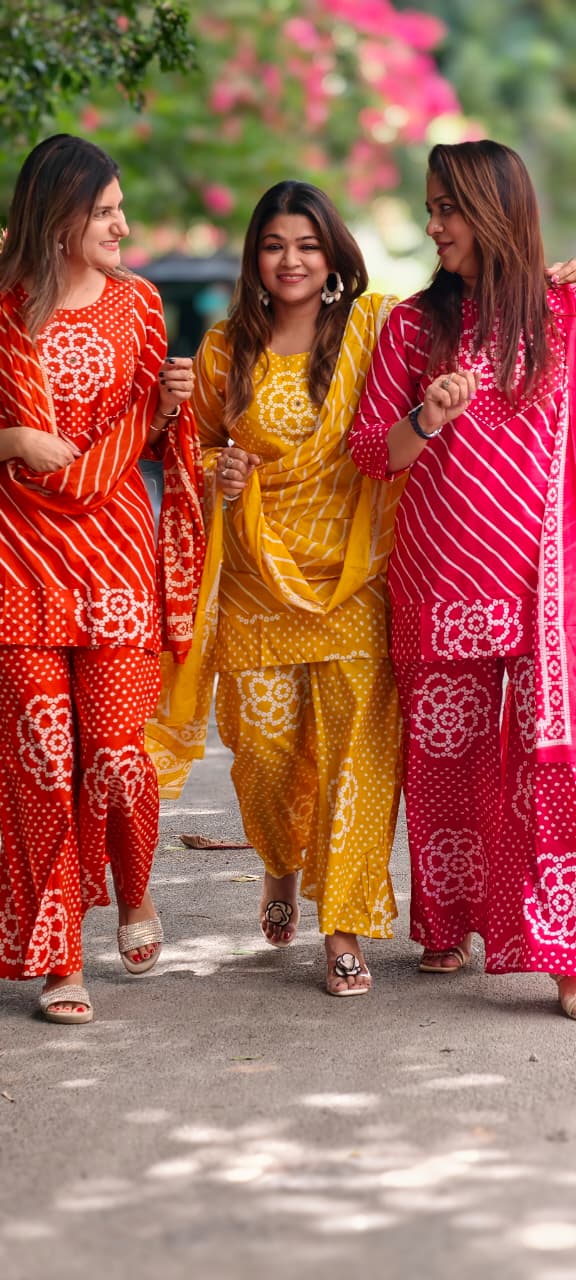 Floral Yoke Bandhej With Leheriya Print Short Length Kurta Full Suit Set With Loose Bottom & Dupatta In Cotton Fabric- 15833 (Lean Fit)