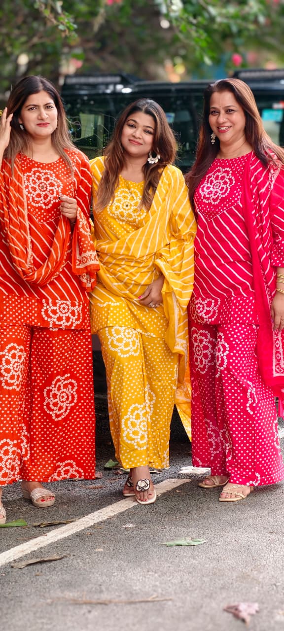 Floral Yoke Bandhej With Leheriya Print Short Length Kurta Full Suit Set With Loose Bottom & Dupatta In Cotton Fabric- 15833 (Lean Fit)