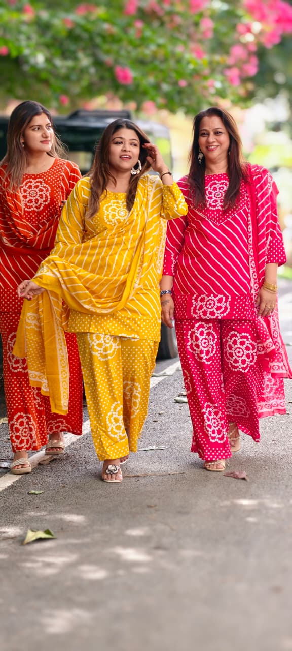 Floral Yoke Bandhej With Leheriya Print Short Length Kurta Full Suit Set With Loose Bottom & Dupatta In Cotton Fabric- 15833 (Lean Fit)