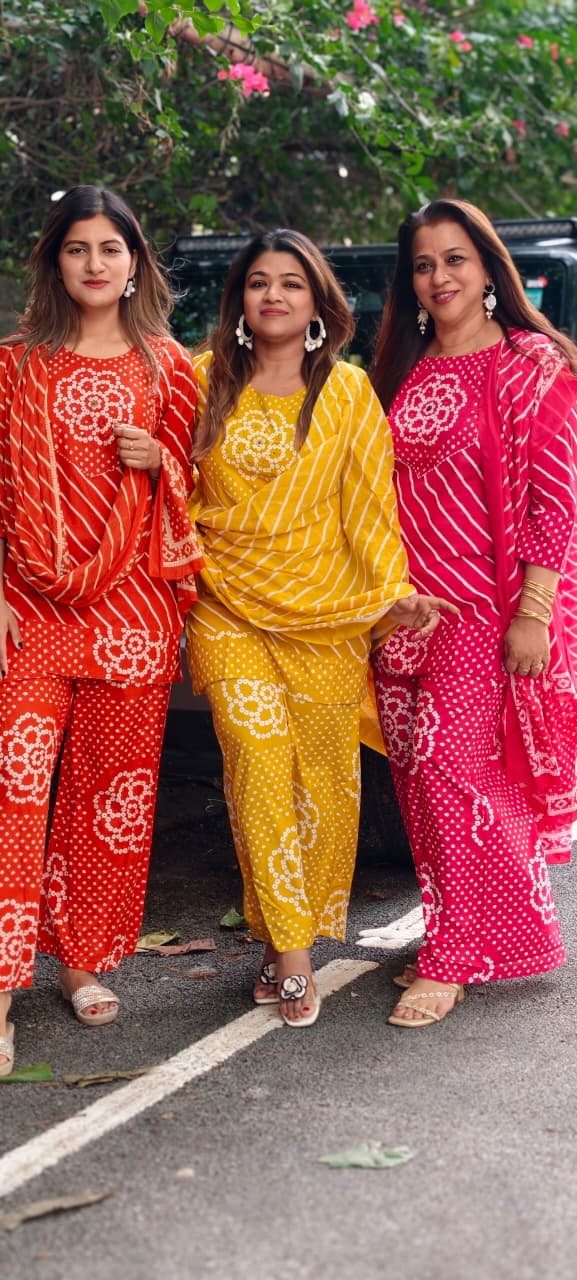 Floral Yoke Bandhej With Leheriya Print Short Length Kurta Full Suit Set With Loose Bottom & Dupatta In Cotton Fabric- 15833 (Lean Fit)