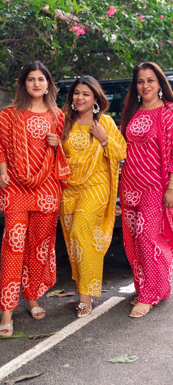 Floral Yoke Bandhej With Leheriya Print Short Length Kurta Full Suit Set With Loose Bottom & Dupatta In Cotton Fabric- 15833 (Lean Fit)