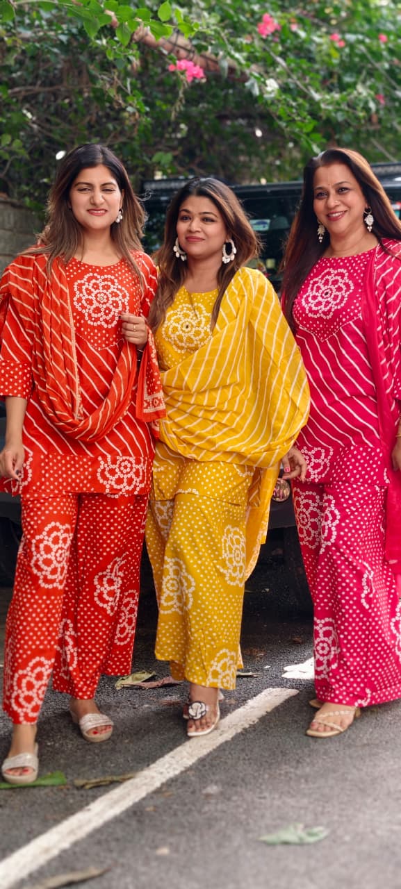 Floral Yoke Bandhej With Leheriya Print Short Length Kurta Full Suit Set With Loose Bottom & Dupatta In Cotton Fabric- 15833 (Lean Fit)