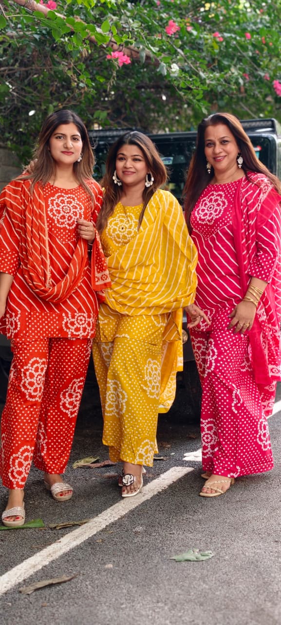 Floral Yoke Bandhej With Leheriya Print Short Length Kurta Full Suit Set With Loose Bottom & Dupatta In Cotton Fabric- 15833 (Lean Fit)