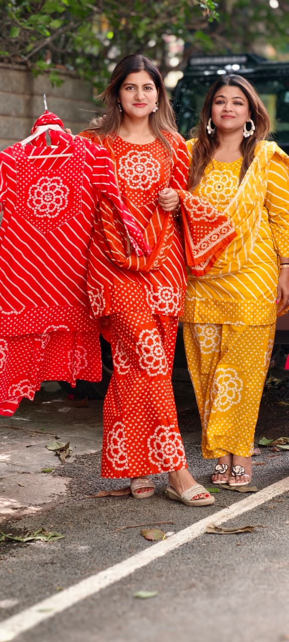 Floral Yoke Bandhej With Leheriya Print Short Length Kurta Full Suit Set With Loose Bottom & Dupatta In Cotton Fabric- 15833 (Lean Fit)
