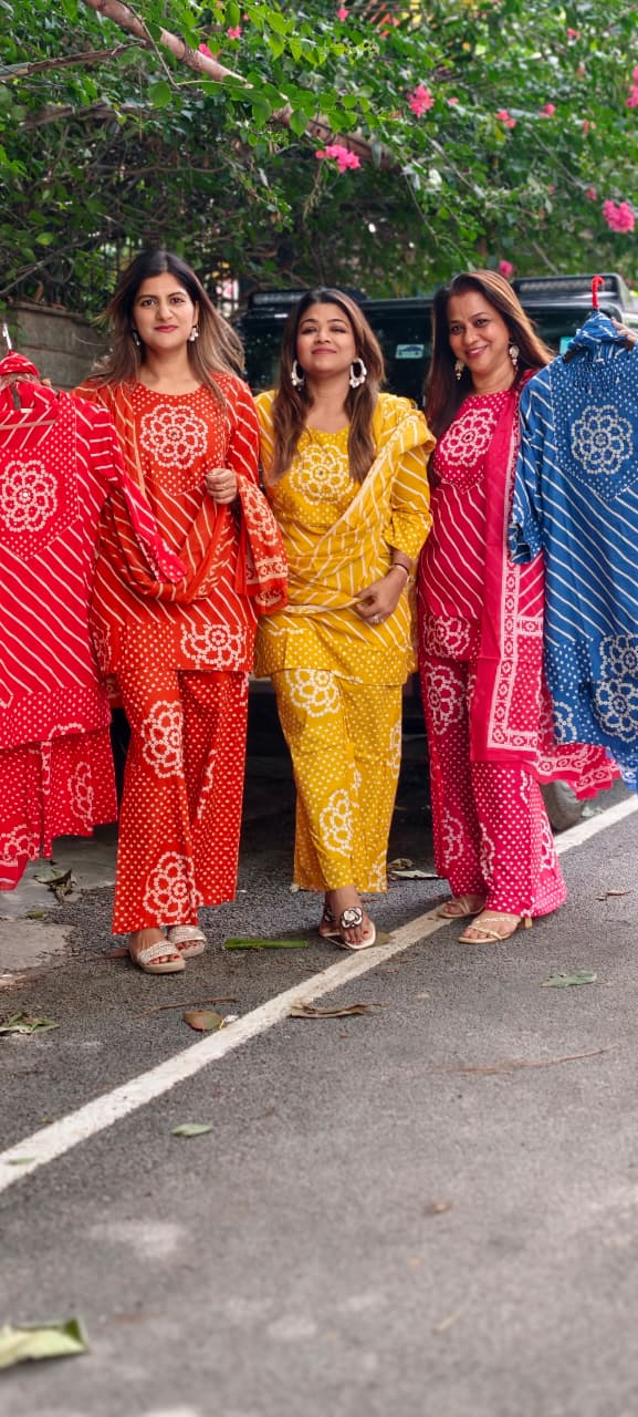 Floral Yoke Bandhej With Leheriya Print Short Length Kurta Full Suit Set With Loose Bottom & Dupatta In Cotton Fabric- 15833 (Lean Fit)