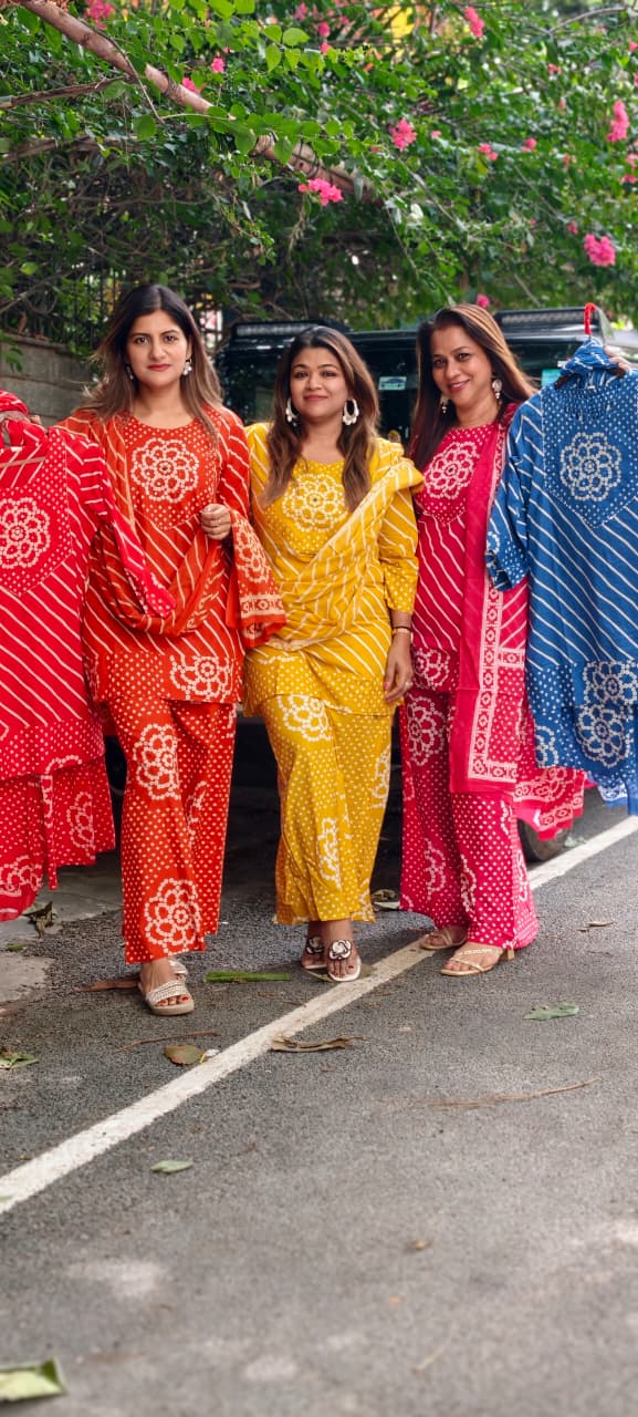 Floral Yoke Bandhej With Leheriya Print Short Length Kurta Full Suit Set With Loose Bottom & Dupatta In Cotton Fabric- 15833 (Lean Fit)