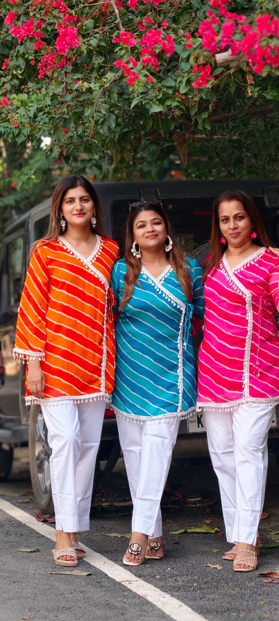 Leheriya Angrakha Wrap Kurti Only With White Kodi Shell Latkans- 15932