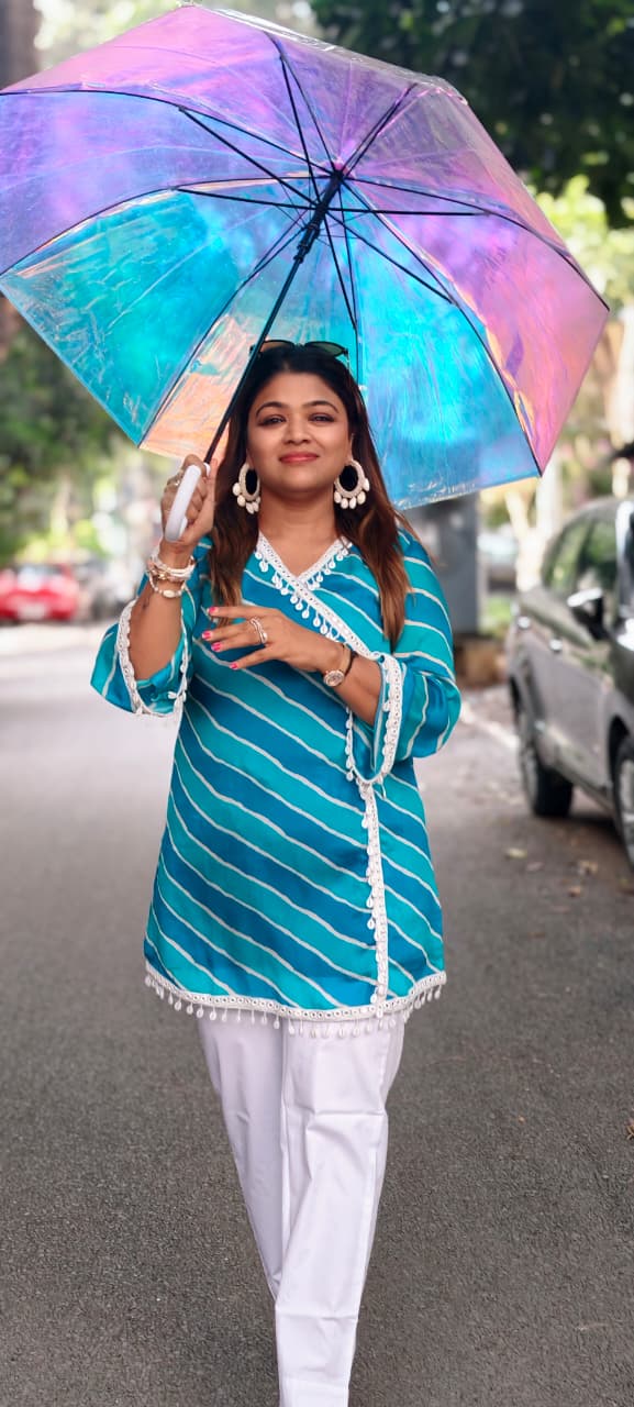 Leheriya Angrakha Wrap Kurti Only With White Kodi Shell Latkans- 15932