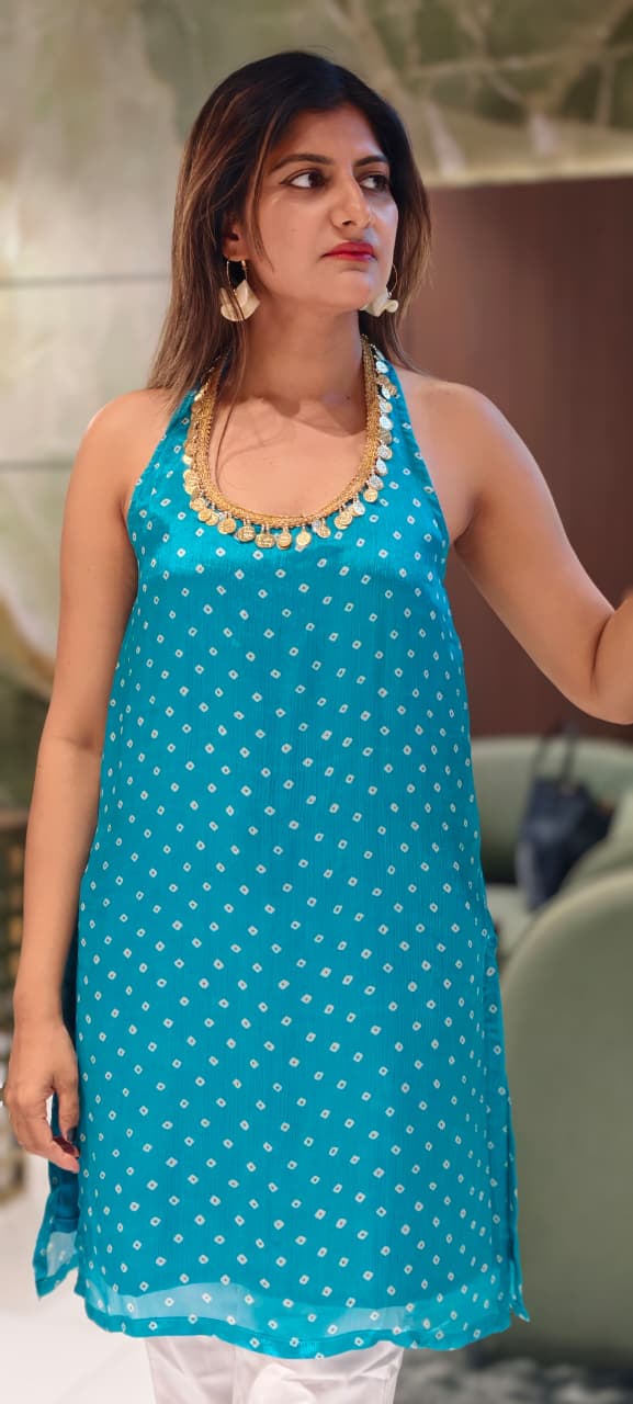 Sleeveless Vibrant Bandhani Print Kurti With Gold Coin Embellishment- 15933