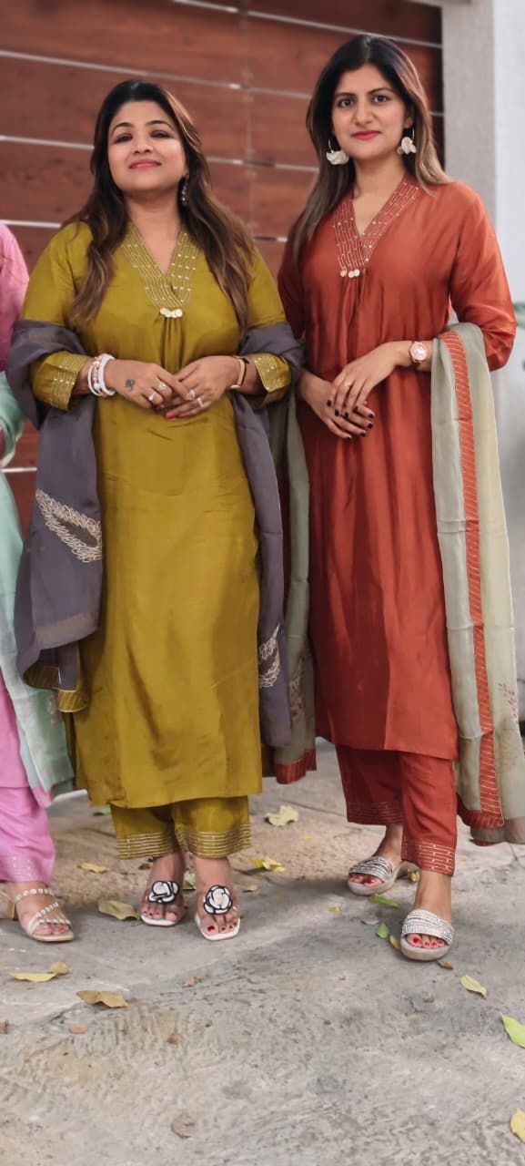 Banarasi Mul-Chanderi Solid A-Line Full Suit Set With Smart Dual Tone Dupatta & Minimal Coin Tassels Over Neck- 16040