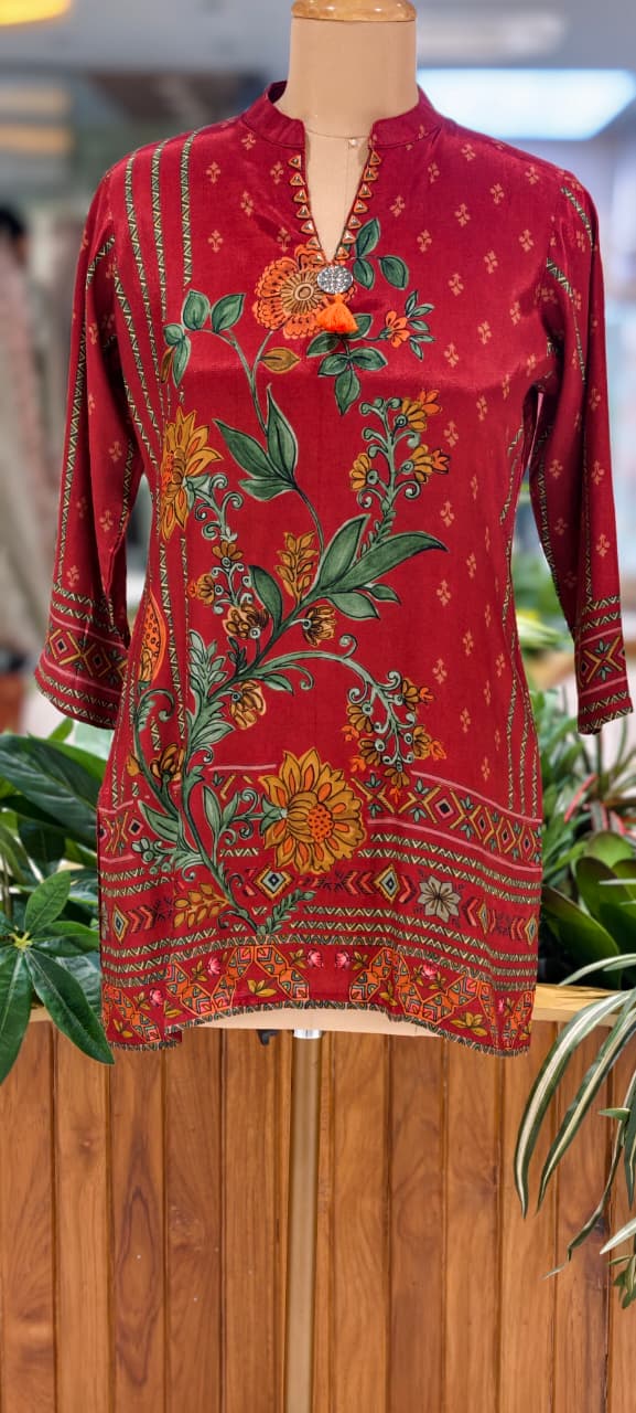 Rust-Red Kalamkari Floral Vine Bel Print Muslin Kurti Only- 16031