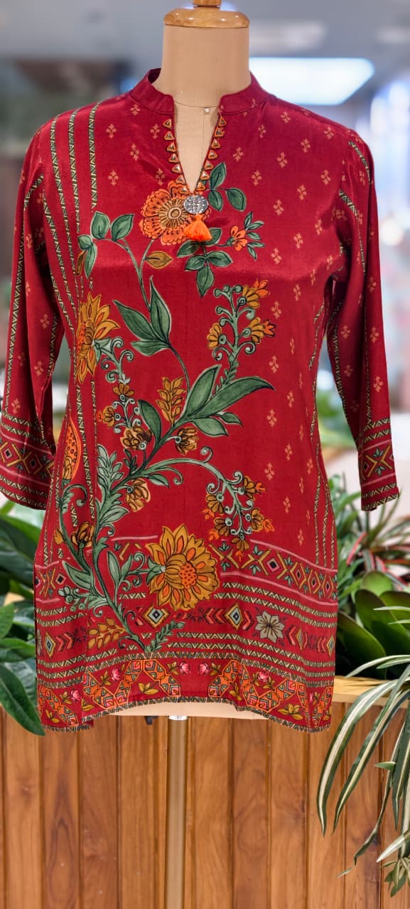 Rust-Red Kalamkari Floral Vine Bel Print Muslin Kurti Only- 16031