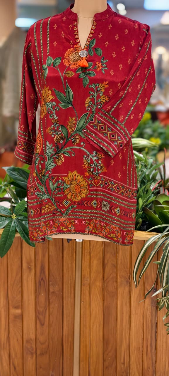 Rust-Red Kalamkari Floral Vine Bel Print Muslin Kurti Only- 16031
