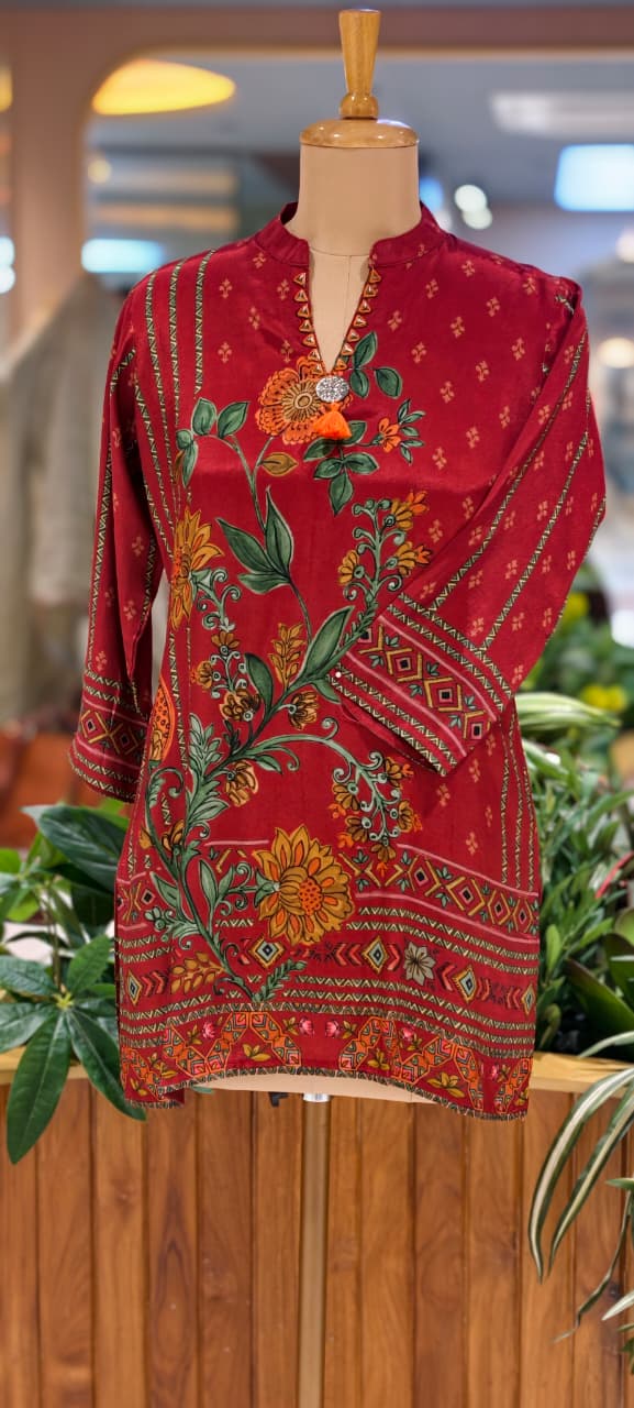 Rust-Red Kalamkari Floral Vine Bel Print Muslin Kurti Only- 16031