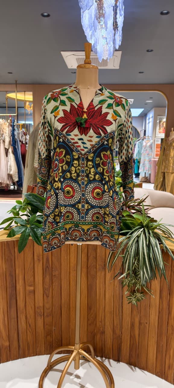 Madhubani-Inspired Folk Art Multicolor Print Muslin Kurti Only- 16033