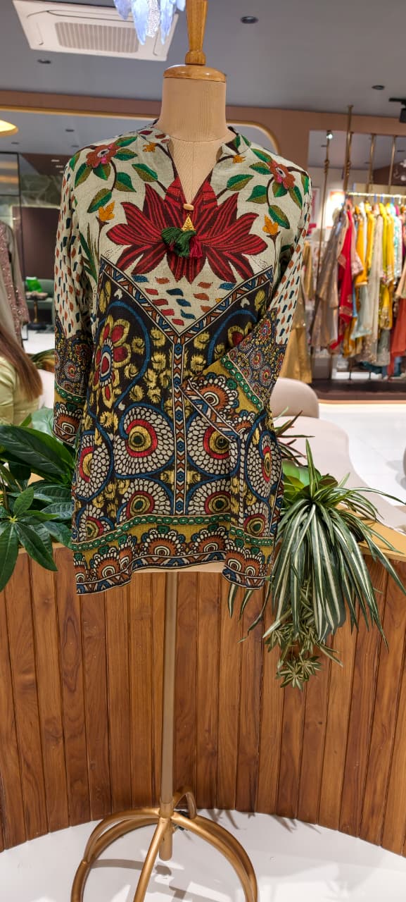 Madhubani-Inspired Folk Art Multicolor Print Muslin Kurti Only- 16033