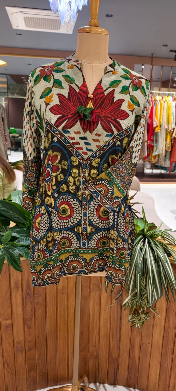 Madhubani-Inspired Folk Art Multicolor Print Muslin Kurti Only- 16033