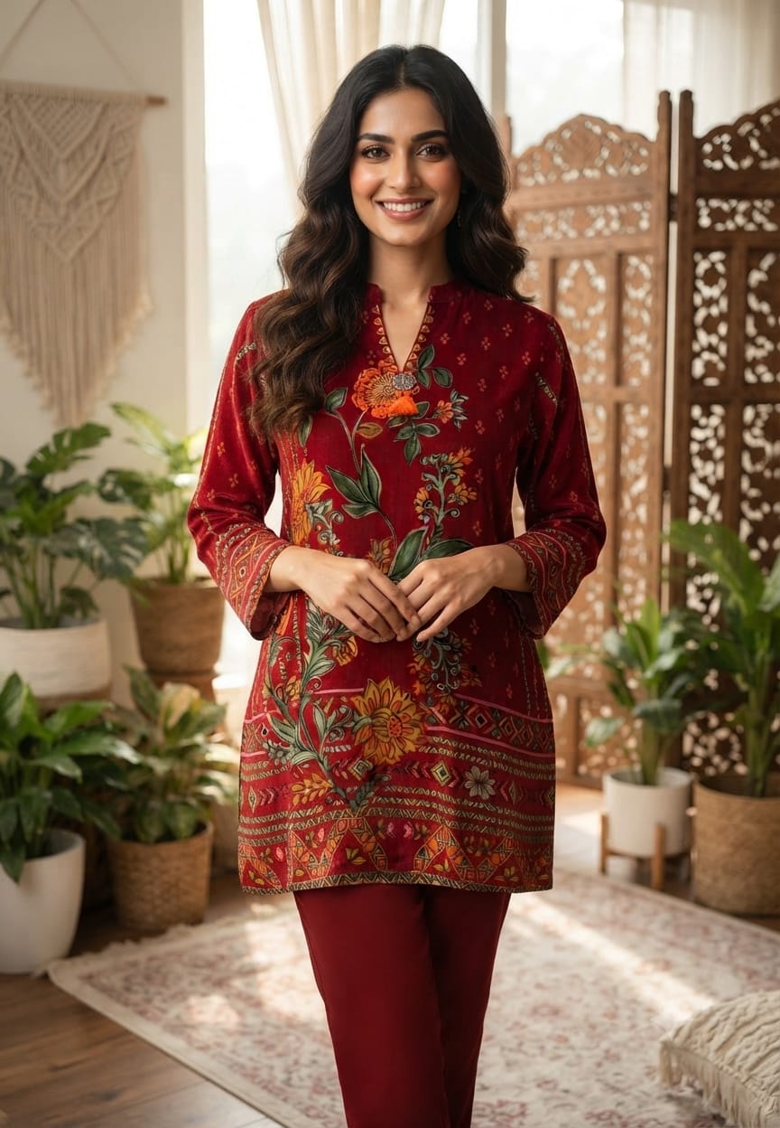 Rust-Red Kalamkari Floral Vine Bel Print Muslin Kurti Only- 16031