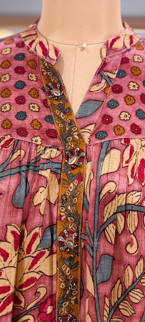 Kalamkari Tree-Of-Life Block-Printed Floral Motif Dusty Shade Muslin Kurti Only- 16023