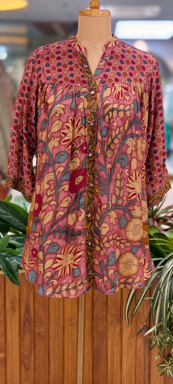 Kalamkari Tree-Of-Life Block-Printed Floral Motif Dusty Shade Muslin Kurti Only- 16023