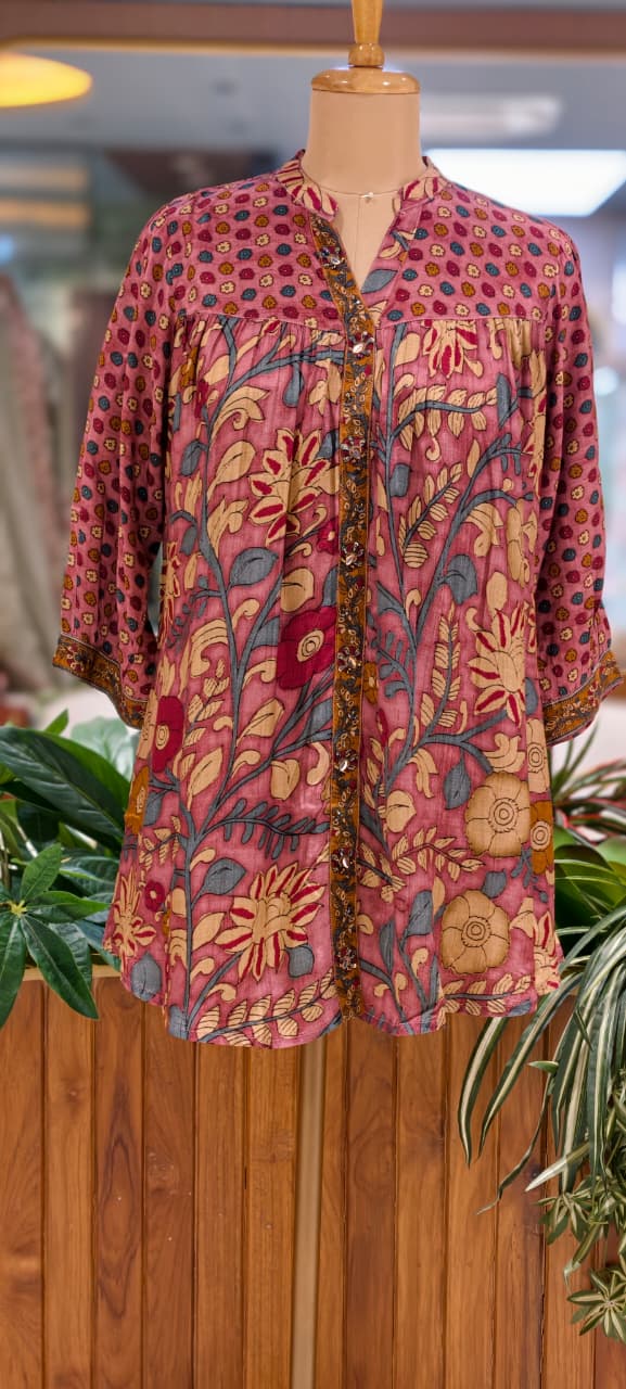 Kalamkari Tree-Of-Life Block-Printed Floral Motif Dusty Shade Muslin Kurti Only- 16023
