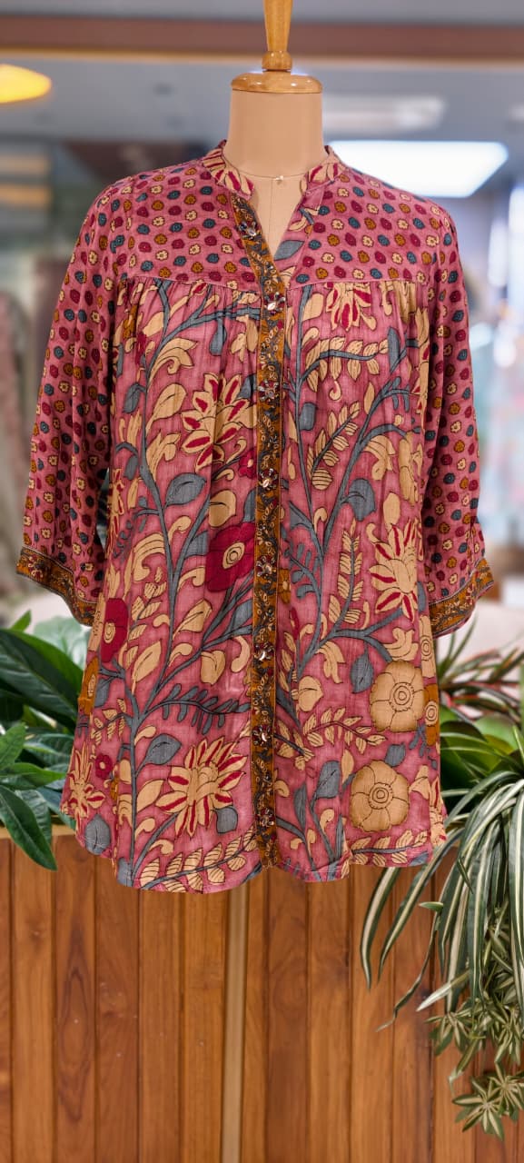 Kalamkari Tree-Of-Life Block-Printed Floral Motif Dusty Shade Muslin Kurti Only- 16023