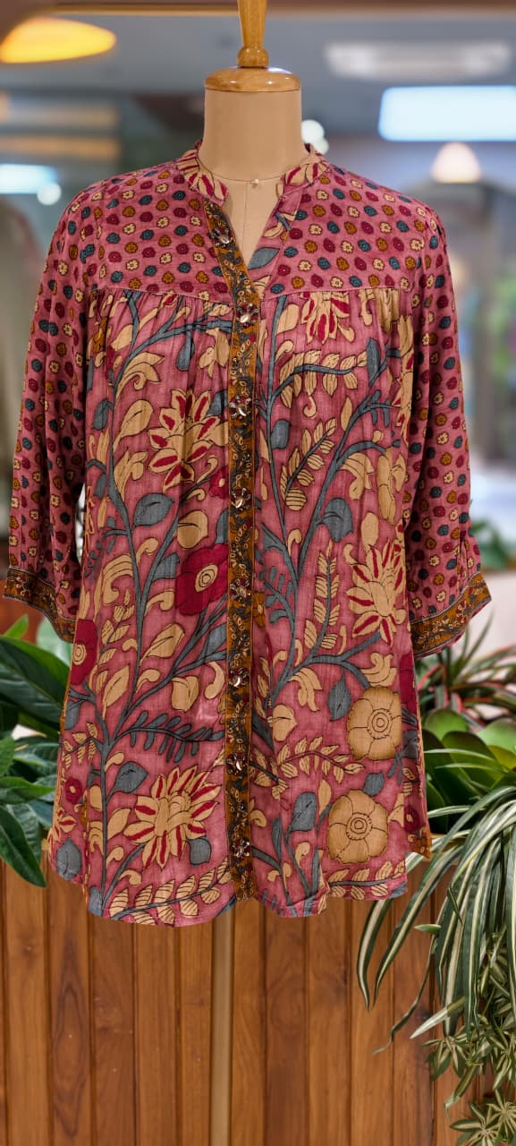 Kalamkari Tree-Of-Life Block-Printed Floral Motif Dusty Shade Muslin Kurti Only- 16023