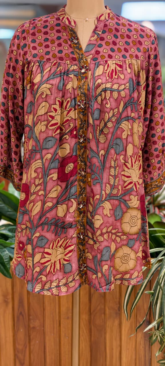 Kalamkari Tree-Of-Life Block-Printed Floral Motif Dusty Shade Muslin Kurti Only- 16023