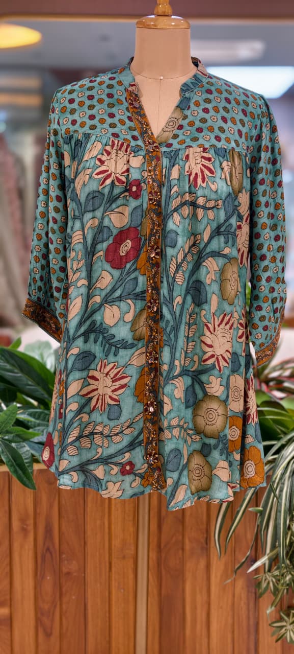 Kalamkari Tree-Of-Life Block-Printed Floral Motif Dusty Shade Muslin Kurti Only- 16023