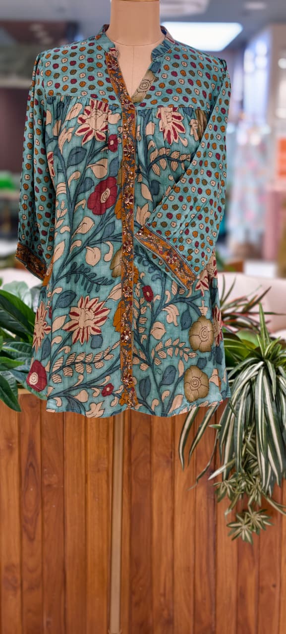 Kalamkari Tree-Of-Life Block-Printed Floral Motif Dusty Shade Muslin Kurti Only- 16023
