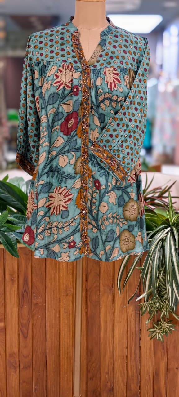 Kalamkari Tree-Of-Life Block-Printed Floral Motif Dusty Shade Muslin Kurti Only- 16023