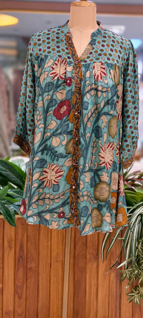 Kalamkari Tree-Of-Life Block-Printed Floral Motif Dusty Shade Muslin Kurti Only- 16023