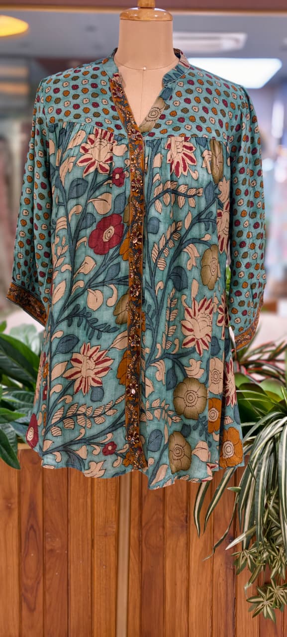 Kalamkari Tree-Of-Life Block-Printed Floral Motif Dusty Shade Muslin Kurti Only- 16023