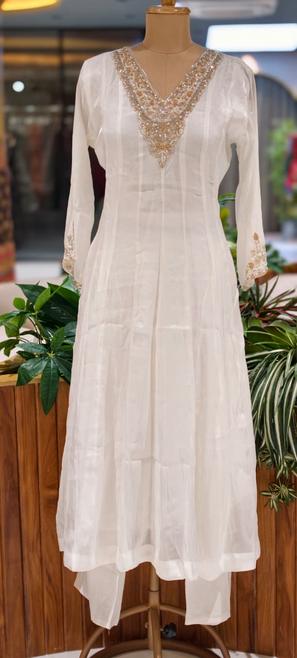 Ivory White Handcrafted Embroidered Neckline Golden Highlights Chinon Panel Anarkali Full Suit Set With Dupatta- 15884