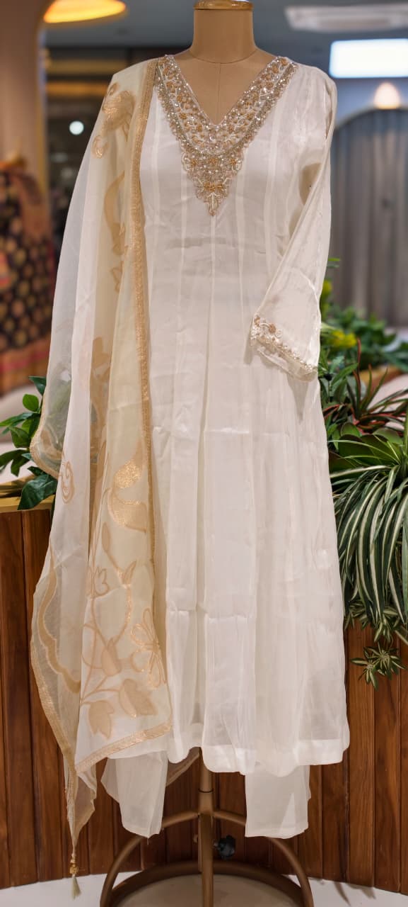 Ivory White Handcrafted Embroidered Neckline Golden Highlights Chinon Panel Anarkali Full Suit Set With Dupatta- 15884