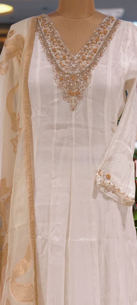 Ivory White Handcrafted Embroidered Neckline Golden Highlights Chinon Panel Anarkali Full Suit Set With Dupatta- 15884