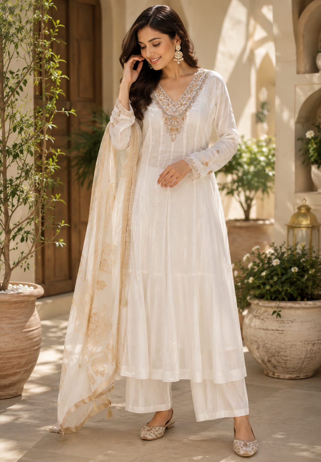 Ivory White Handcrafted Embroidered Neckline Golden Highlights Chinon Panel Anarkali Full Suit Set With Dupatta- 15884
