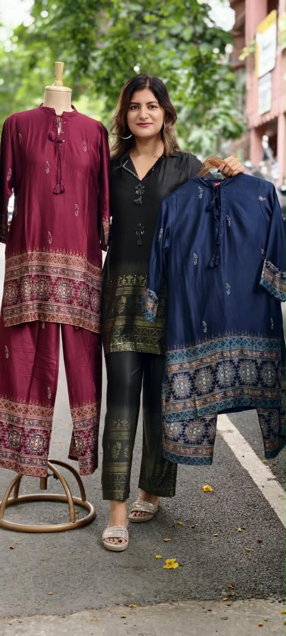 Traditional Ajrakh Prints Tassel Accented Neckline Slub Cotton Co-Ord Set- 15963