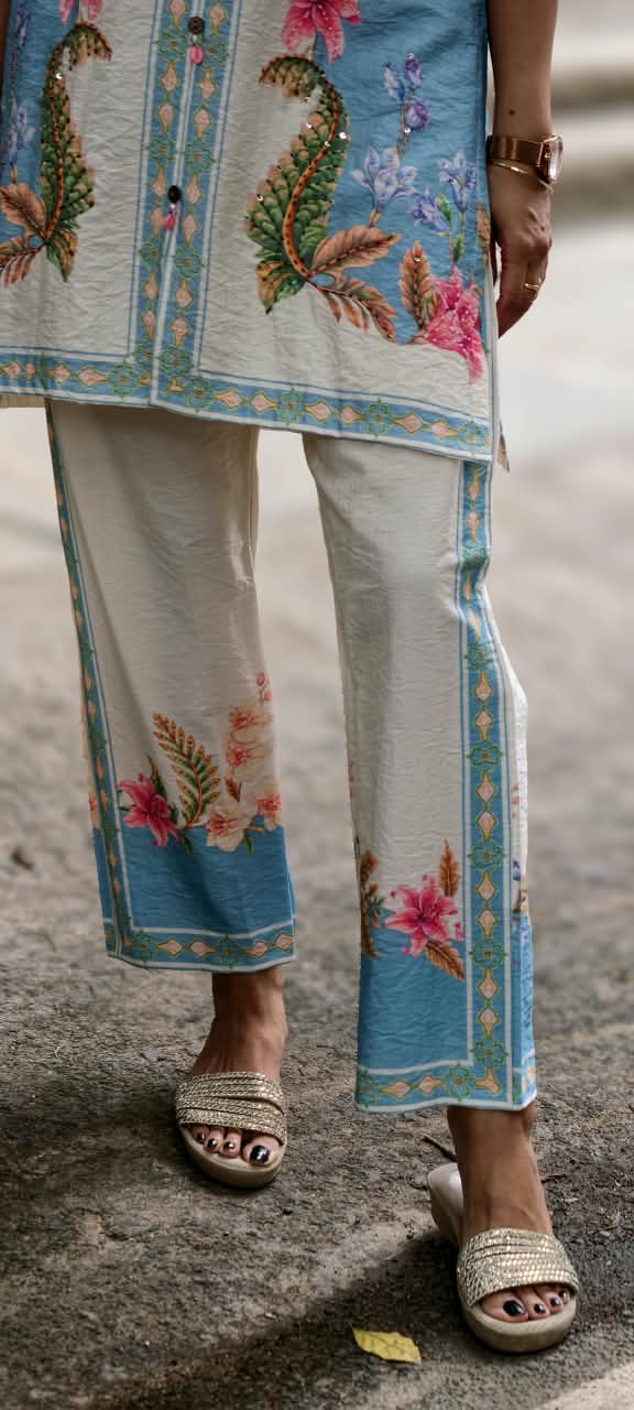 Graceful Floral Gardenia Digital Prints Viscose Rayon Co-Ord Set- 15902 (Lean Fit)