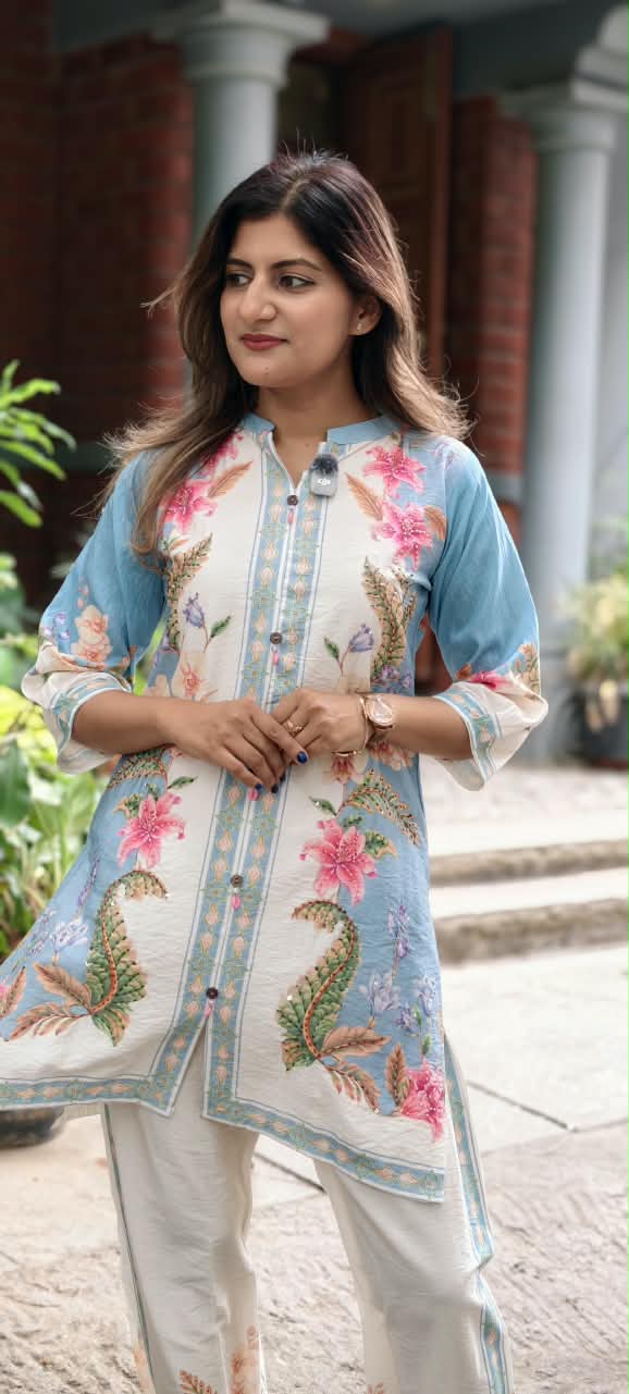 Graceful Floral Gardenia Digital Prints Viscose Rayon Co-Ord Set- 15902 (Lean Fit)