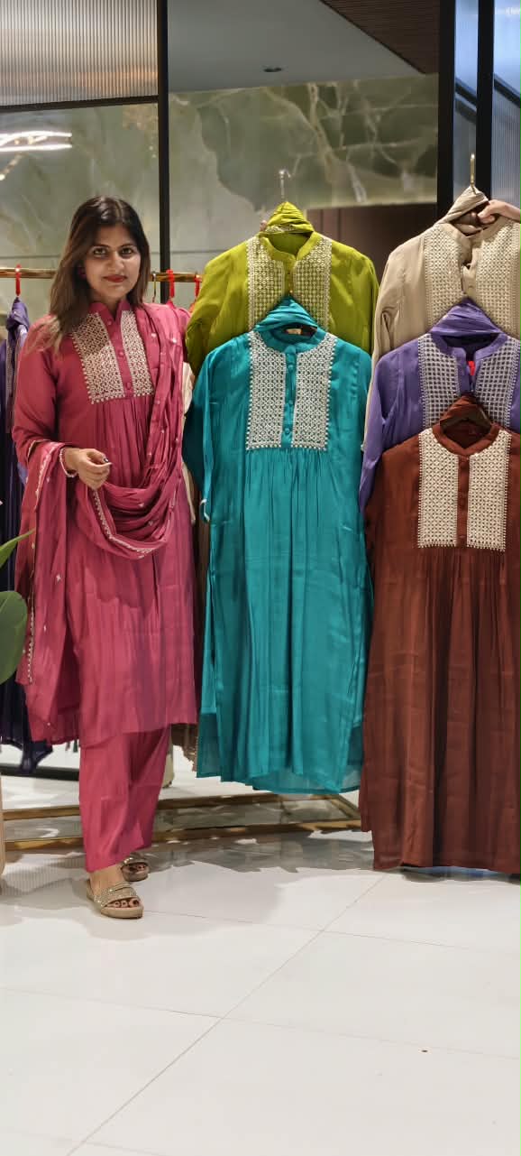 Premium Surat Mul-Chanderi Embroidered Yoke A-Line Full Suit Set with Dupatta- 15925
