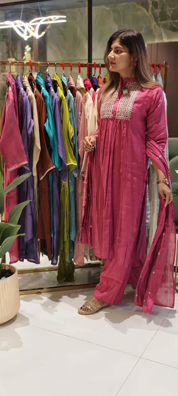 Premium Surat Mul-Chanderi Embroidered Yoke A-Line Full Suit Set with Dupatta- 15925