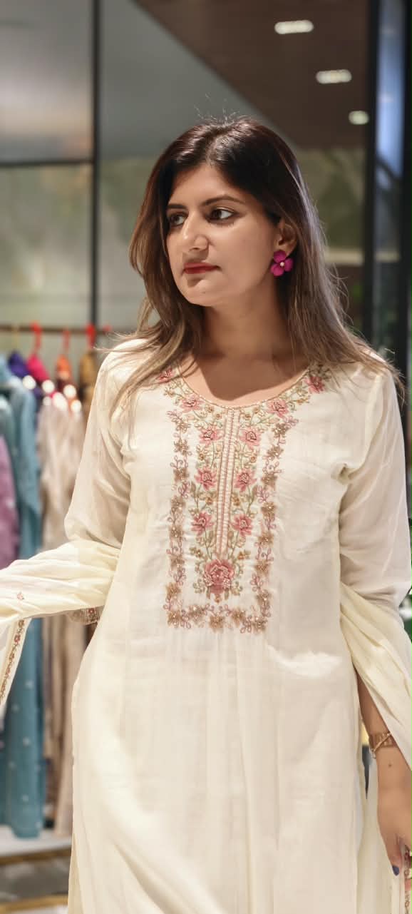 Ivory White Fine Intricate Embroidered Yoke Elegant Straight Full Suit Set With Dupatta- 15881