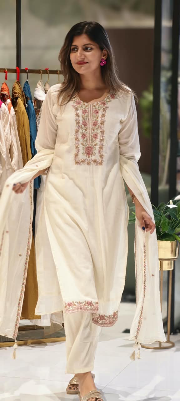 Ivory White Fine Intricate Embroidered Yoke Elegant Straight Full Suit Set With Dupatta- 15881
