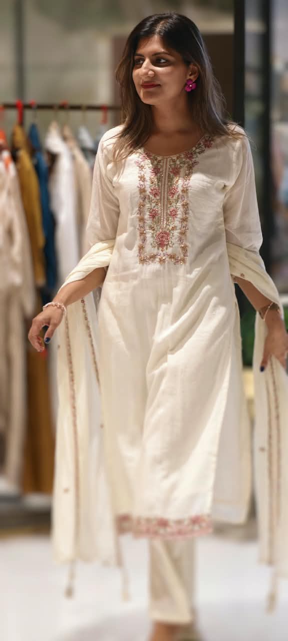 Ivory White Fine Intricate Embroidered Yoke Elegant Straight Full Suit Set With Dupatta- 15881