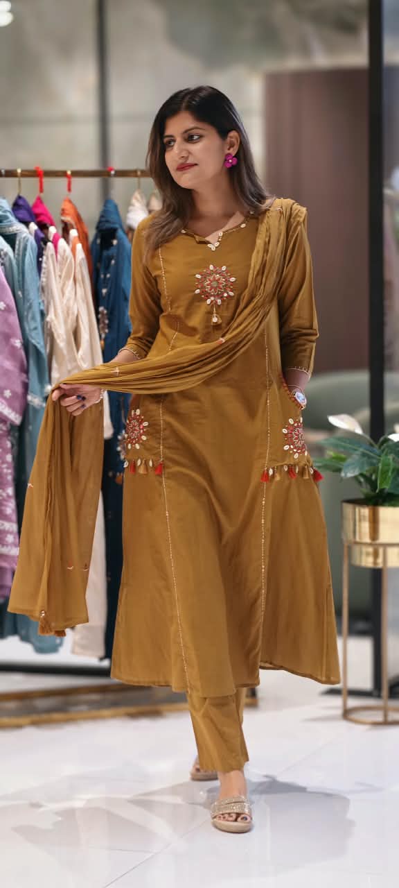 Kodi Shell Accent Pocket Style A-Line Full Suit Set With Dupatta In Cotton Fabric- 15777