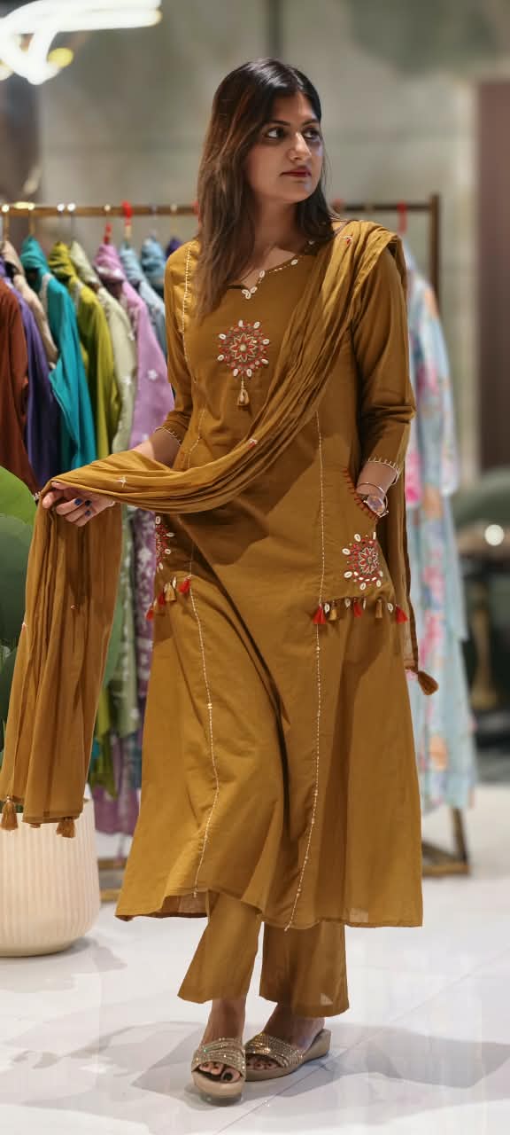 Kodi Shell Accent Pocket Style A-Line Full Suit Set With Dupatta In Cotton Fabric- 15777
