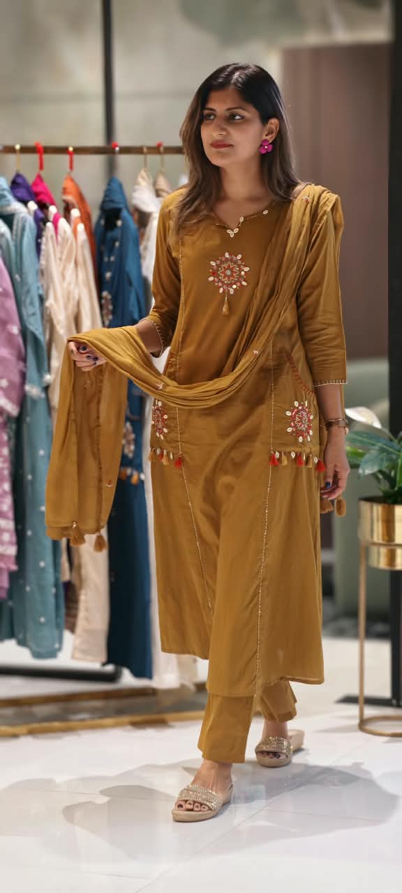 Kodi Shell Accent Pocket Style A-Line Full Suit Set With Dupatta In Cotton Fabric- 15777