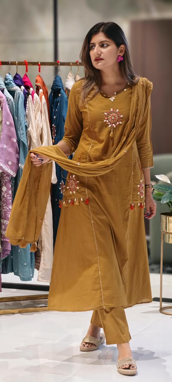 Kodi Shell Accent Pocket Style A-Line Full Suit Set With Dupatta In Cotton Fabric- 15777